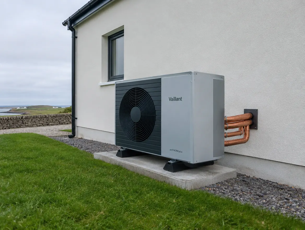 Air-to-water heat pump installed beside a new Galway home