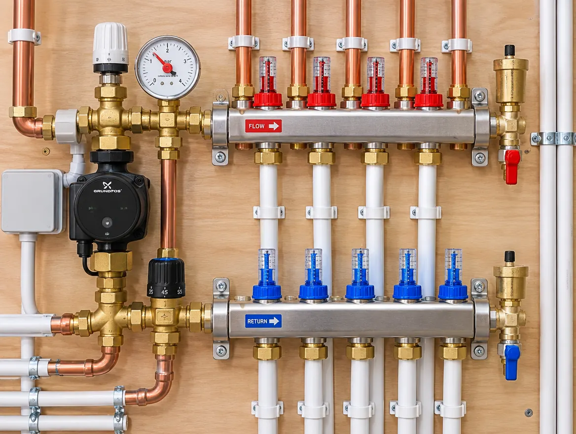 Underfloor heating manifold with neat pipework in a new build