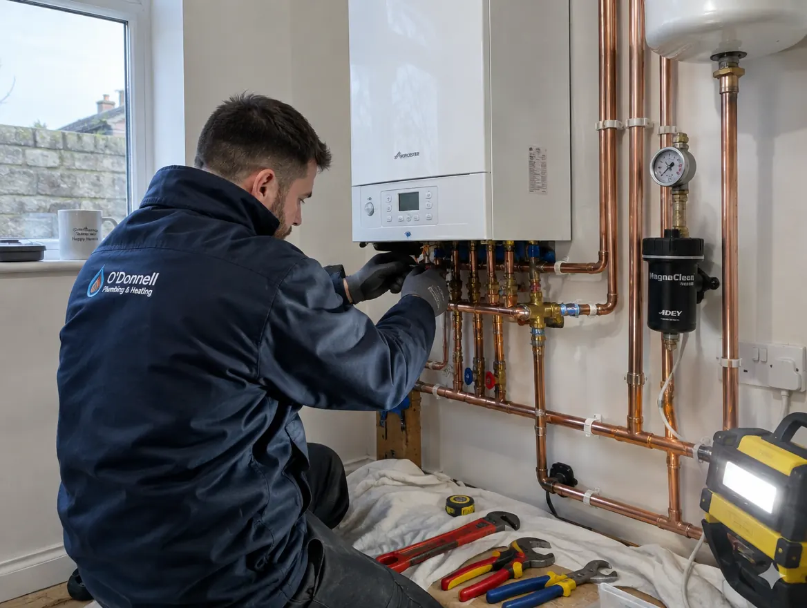 New oil boiler being installed in a Galway utility room