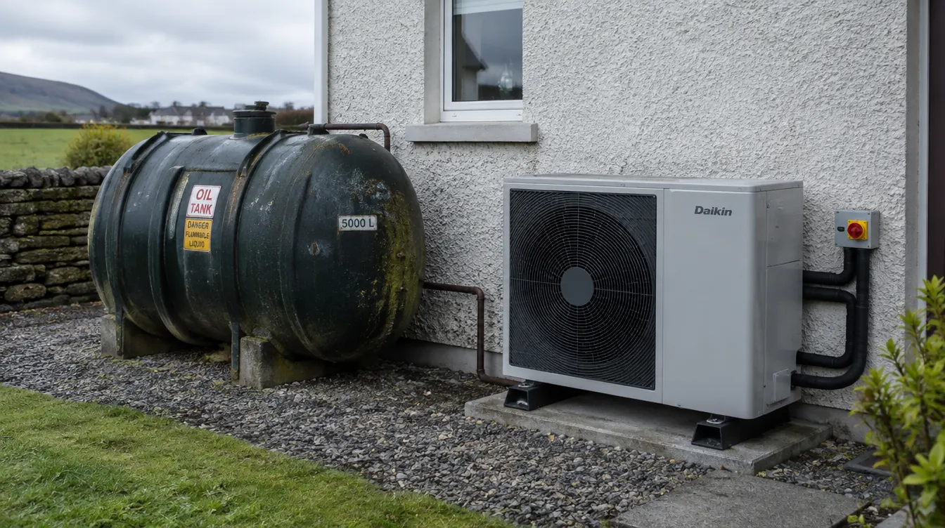 Air-to-water heat pump next to an old oil tank beside an Irish house