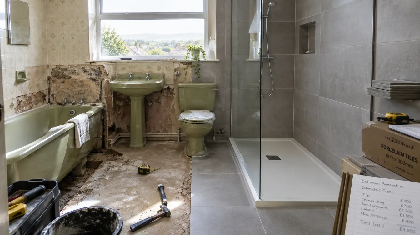Bathroom renovation in progress with old suite on one side and new tiles on the other