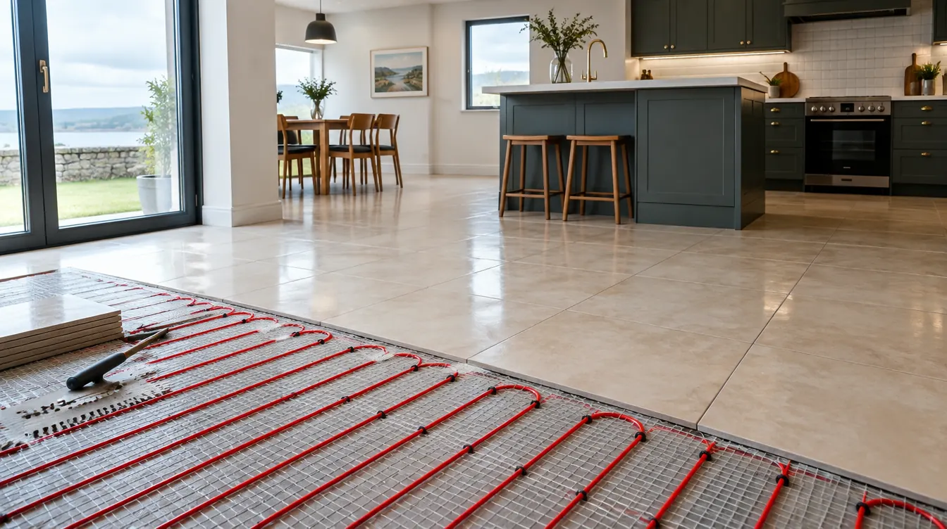 Tiles being laid over underfloor heating pipes in a kitchen extension